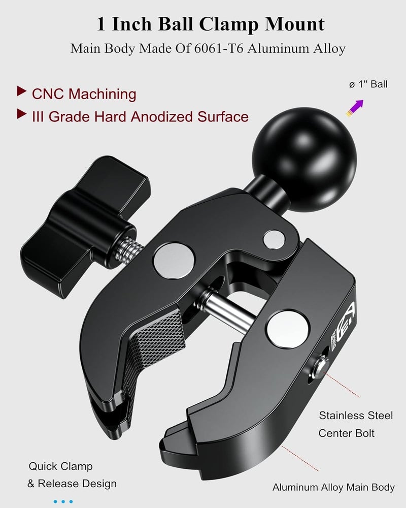 BRCOVAN 1'' Ball Clamp Mount Base with Aluminum Alloy Tough-Claw, Fit Handlebar Rail 0.5'' to 1.75'' in Diameter, Fit for RAM Mounts B Size 1 Inch Ball Double Socket Arm & Bike Motorcycle Phone Holder - Image 2